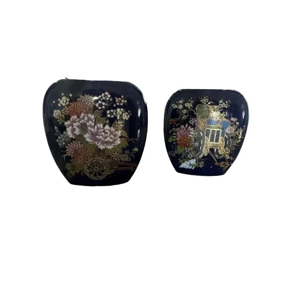 Vintage Kutani Cobalt Blue Vases (Set of Two) Enamel With Gold Accents - Picture 8 of 8